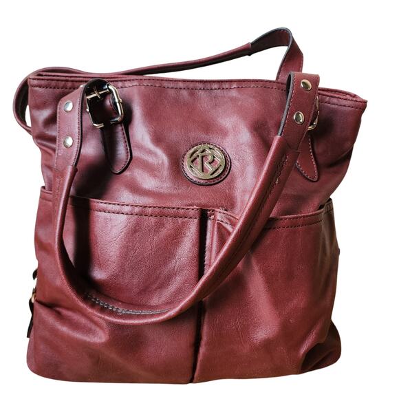 Relic Purse Faux Leather Shoulder Bag Deep Red Handbag Buckles Rivets Pockets - Picture 1 of 14